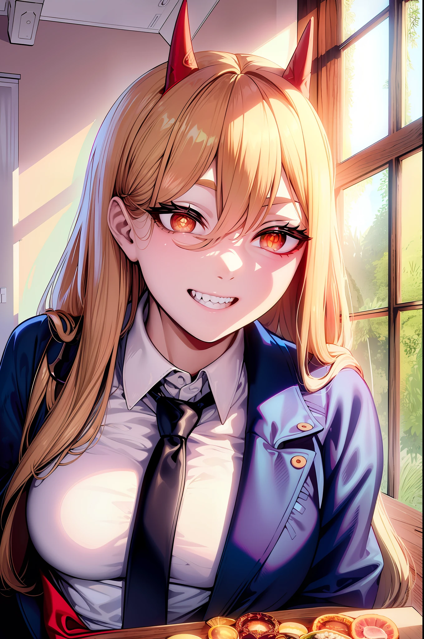 master part, (ultra detailed background, delicate pattern, intricate details, highy detailed, fine-details), best quality, power, 1girl, antlers, standing alone, tooth, tooths afiados, ((sorrido, ssmile)), cross-shaped pupils, long hair, yellow  eyes, ((blonde hair, breasts small)), red horns,  suit jacket, (complex detailed background, Inside, kitchen environment, Room, tabletop, food, window, bright sunny, Close-up, portrait), (((cross-shaped pupils, symbol-shaped pupils))), white  shirt, Pants, neck shirt, black necktie, Blue jacket,