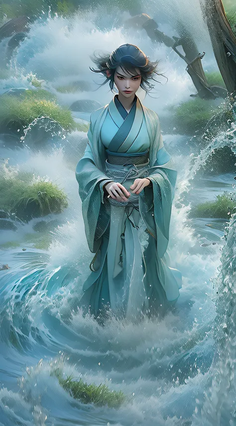 A manga character with a stoic expression, dressed in traditional waterbender attire, complete with swirling wave patterns. They...
