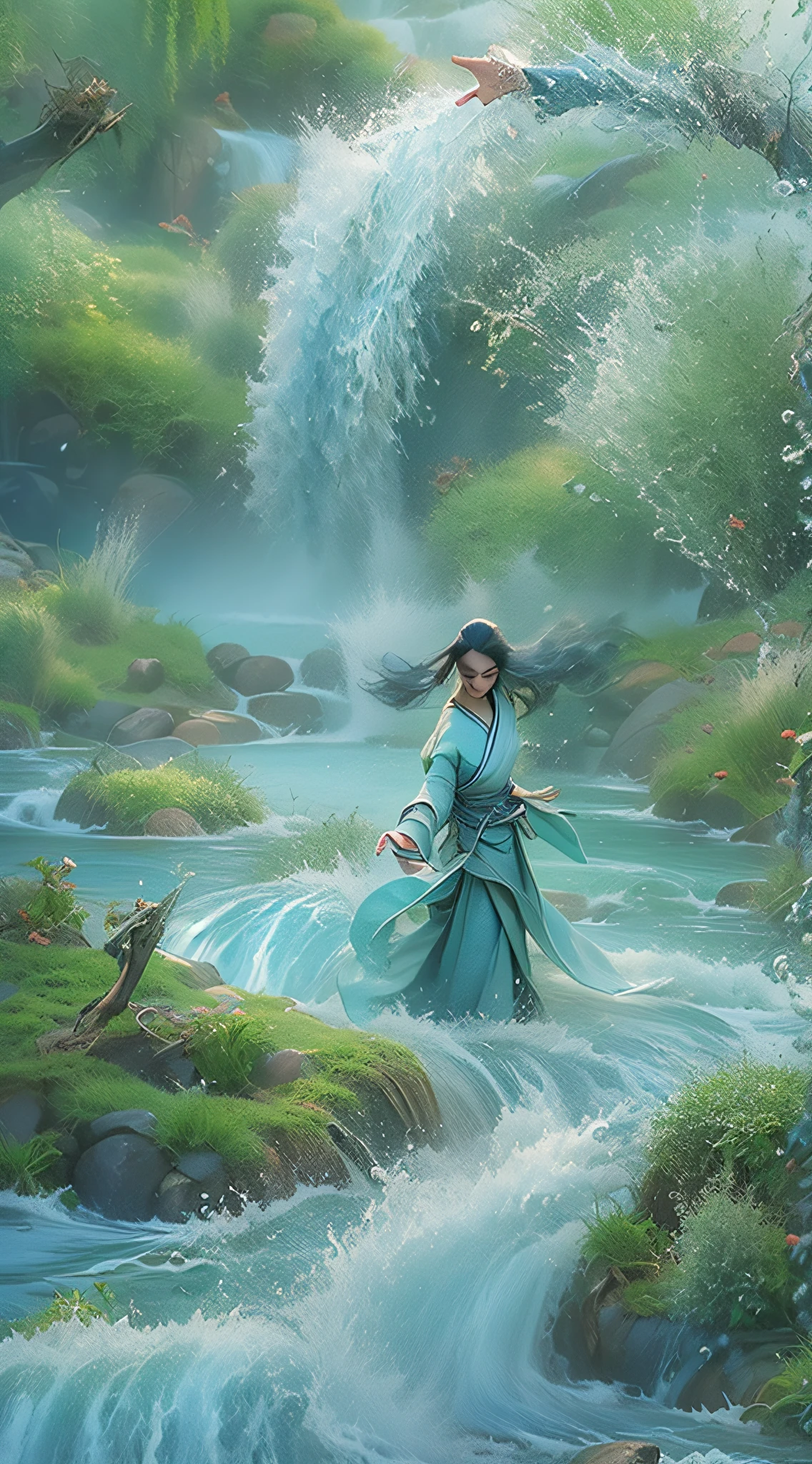 A manga character with a stoic expression, dressed in traditional waterbender attire, complete with swirling wave patterns. They stand on a peaceful riverbank, surrounded by lush vegetation and gentle willow trees. The character uses their water manipulation to create a serene waterfall that cascades gracefully into the river, forming a mesmerizing water display. The air is filled with a sense of tranquility and harmony as the character perfectly controls the water's movements. The style is reminiscent of traditional Japanese artwork, employing delicate brush strokes and soft colors, capturing the character's mastery of water with a touch of classical elegance.