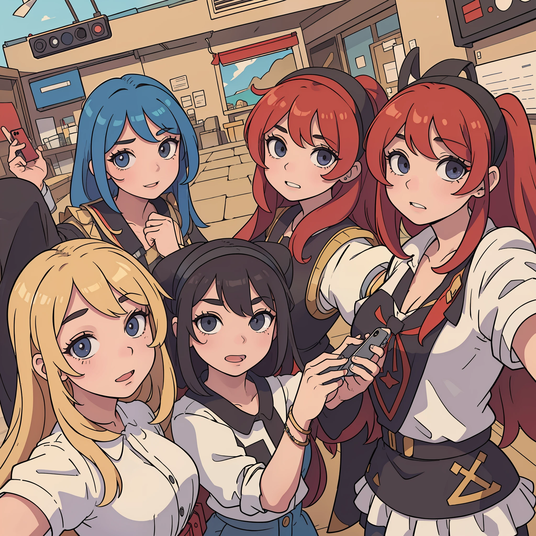 Chicas anime paradas en fila con sus teléfonos celulares - SeaArt AI