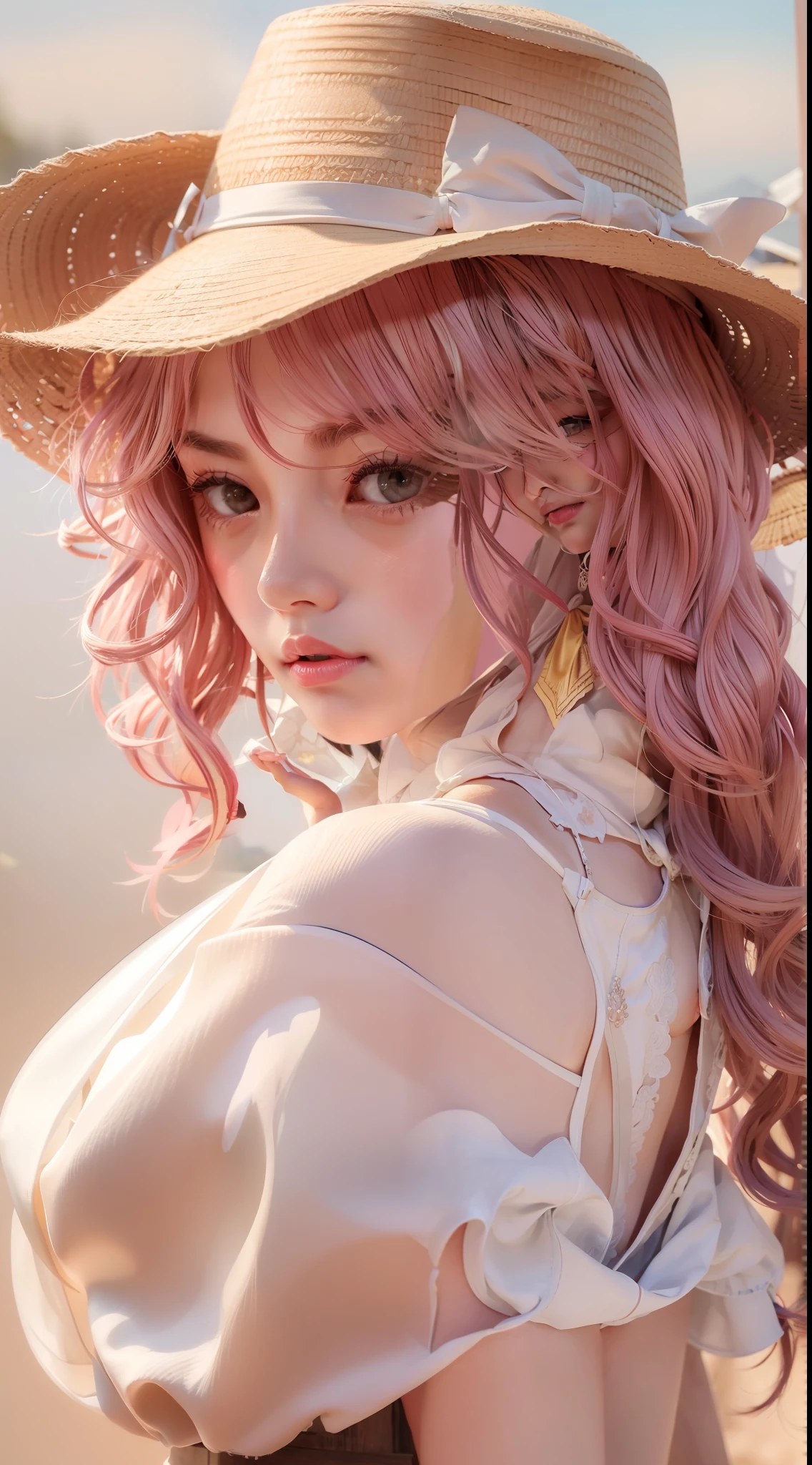 8K exquisite photos，20-year-old girl，Molded characteristic sense standing posture，Straw Hat Hat，Silk scarf，Bust photo，Eye details，Pink wavy hair detail