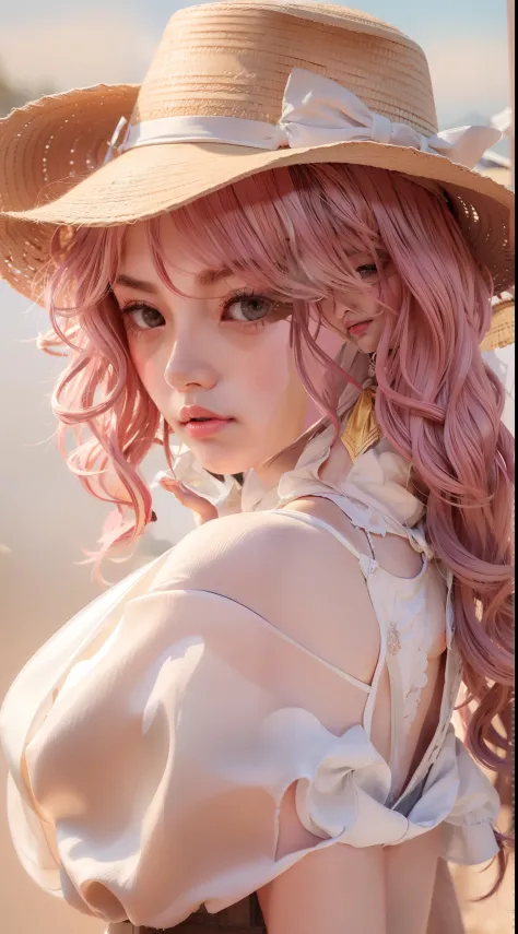 8K exquisite photos，20岁女孩，Molded characteristic sense standing posture，Straw Hat Hat，Silk scarf，Bust photo，Eye details，Pink wavy...