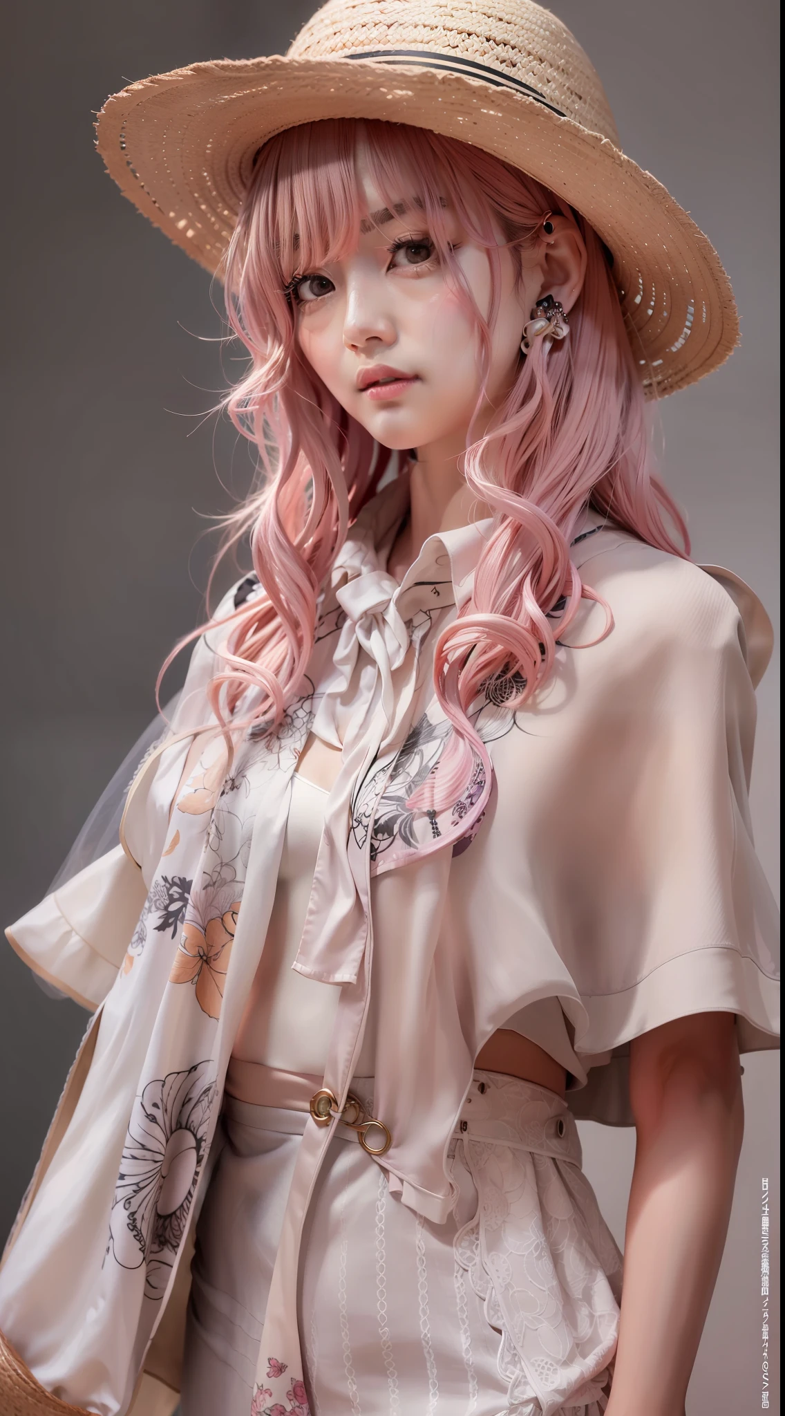 8K exquisite photos，20-year-old girl，Molded characteristic sense standing posture，Straw Hat Hat，Silk scarf，Bust photo，Eye details，Pink wavy hair detail