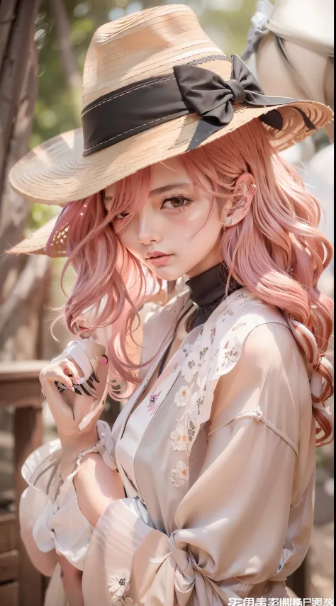 8K exquisite photos，20岁女孩，Molded characteristic sense standing posture，Straw Hat Hat，Silk scarf，Bust photo，Eye details，Pink wavy...
