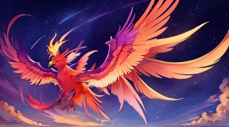 There is a bird flying in the sky，The tail is bright orange, ''wallpaper of a phoenix resting, ''wallpaper of a phoenix, artwork...