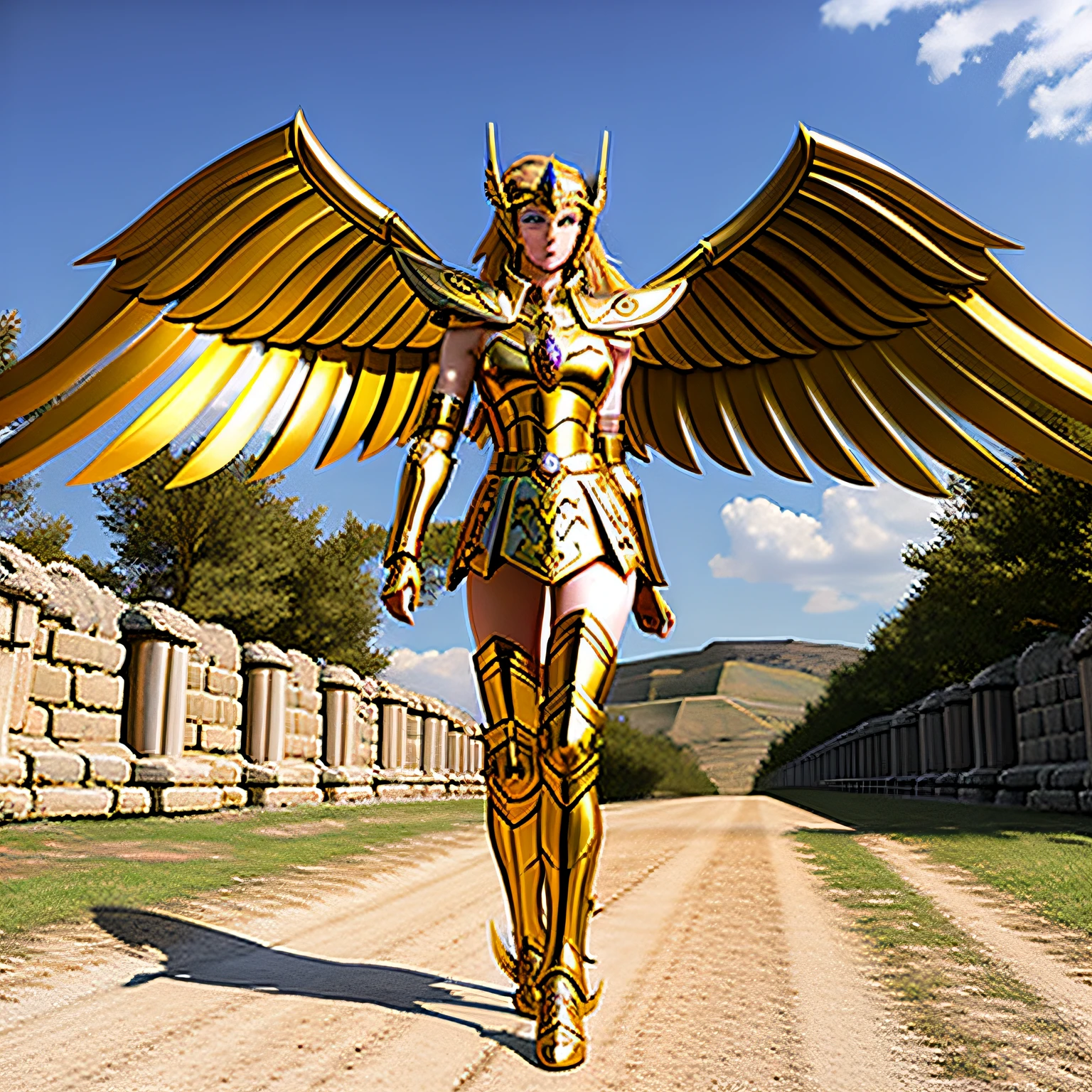 masterpiece, best quality, masterpiece, detailed face, detailed eyes, full body,  1girl, SagittariusArmor, female armor, long  golden wings,  walking on the ancient greek battlefields, nsfw, sexy, (8k, RAW photo, best quality, masterpiece:1.2), solo focus, mgq_valkyrie, wings, sky,
