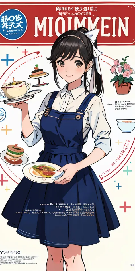 (top-quality、​masterpiece)、Women's cooking magazine cover、1girl in、20yr old、A stunning、cute little、Warm smile、Hourglass diagram、Floral dress、pinafore、foods、Texto、charted、advertisement、magazine title、Ponytail and ribbon。