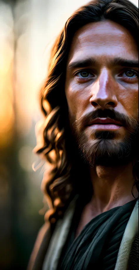 portrait of modern day Jesus, cinematic lighting, depth of field, bokeh, realism, photorealistic, hyperrealism, professional pho...