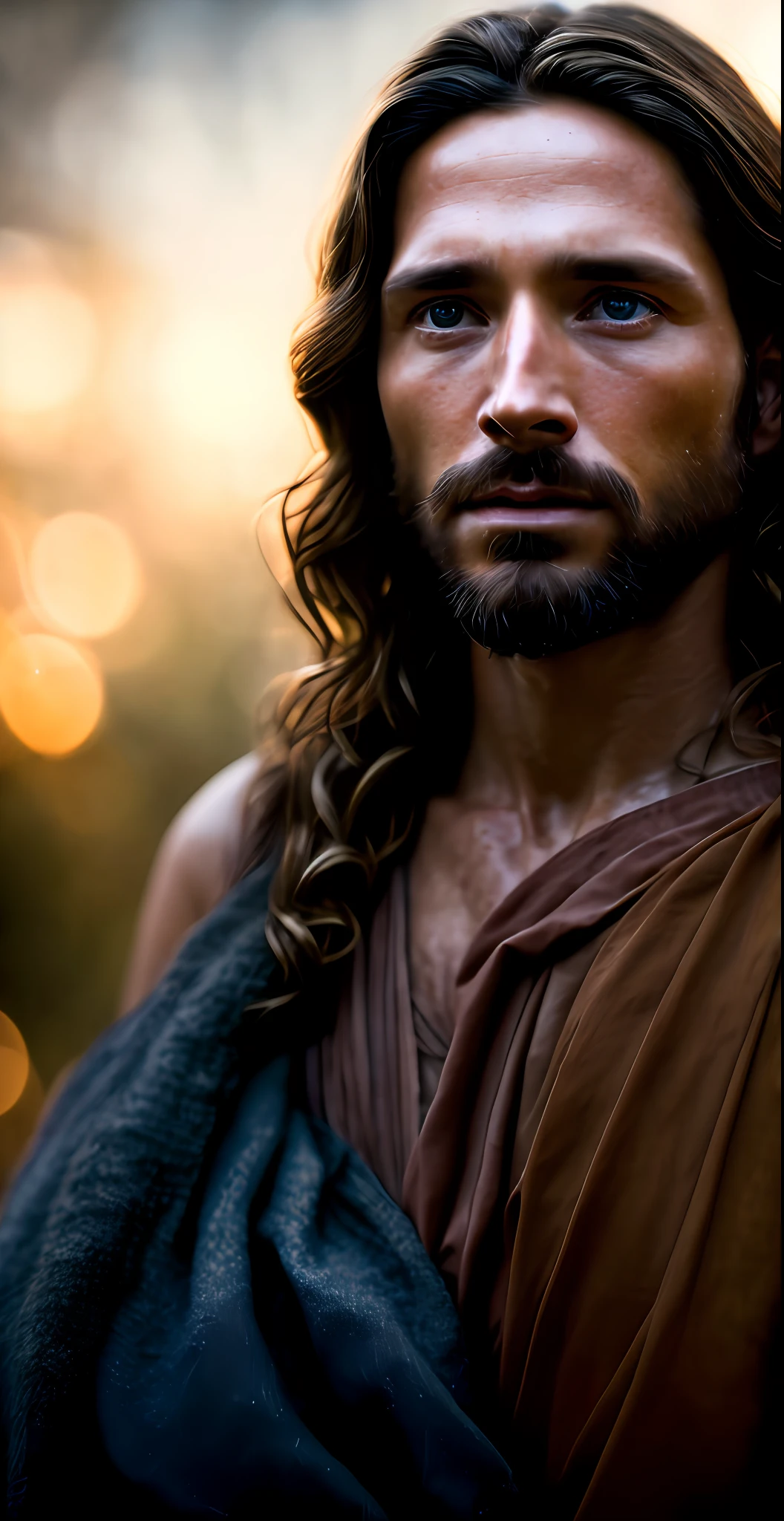 Jesus with long hair and beard in a brown robe - SeaArt AI