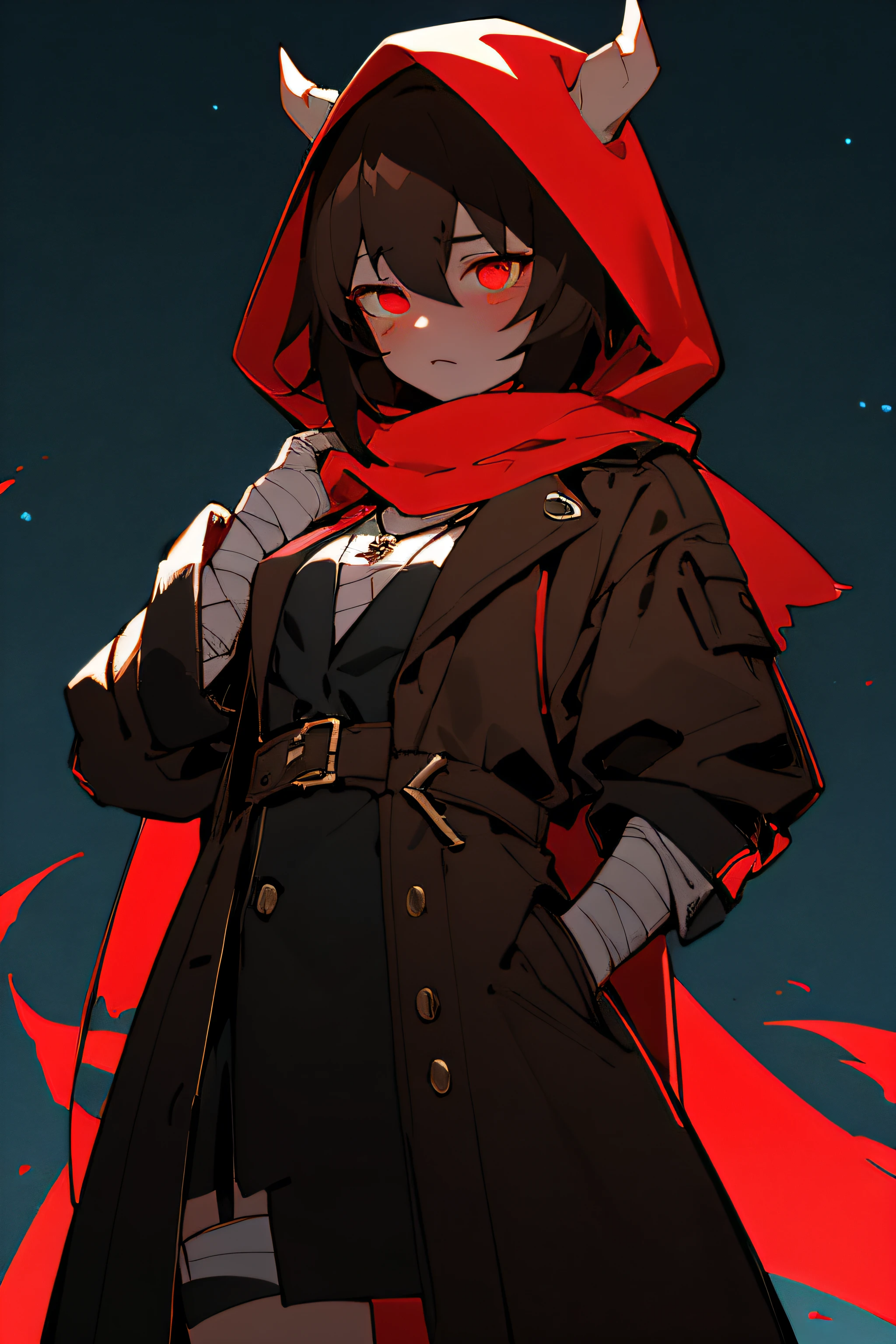 nijistyle, cowboy shot of demon hunter, hood up, faceless,  glowing red eyes, torn brown coat, pauldrons, black vest, red scarf, bandages, pendant, fantasy, night, dark atmosphere