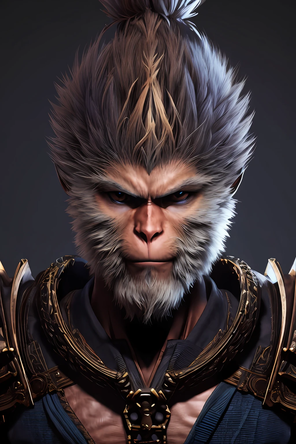 wukong \(black myth\),
1boy, solo, male focus, detailed eyes, shaded face,
fur chest, armor, blue clothes, pauldrons,
unreal engine, 8k, super detail,