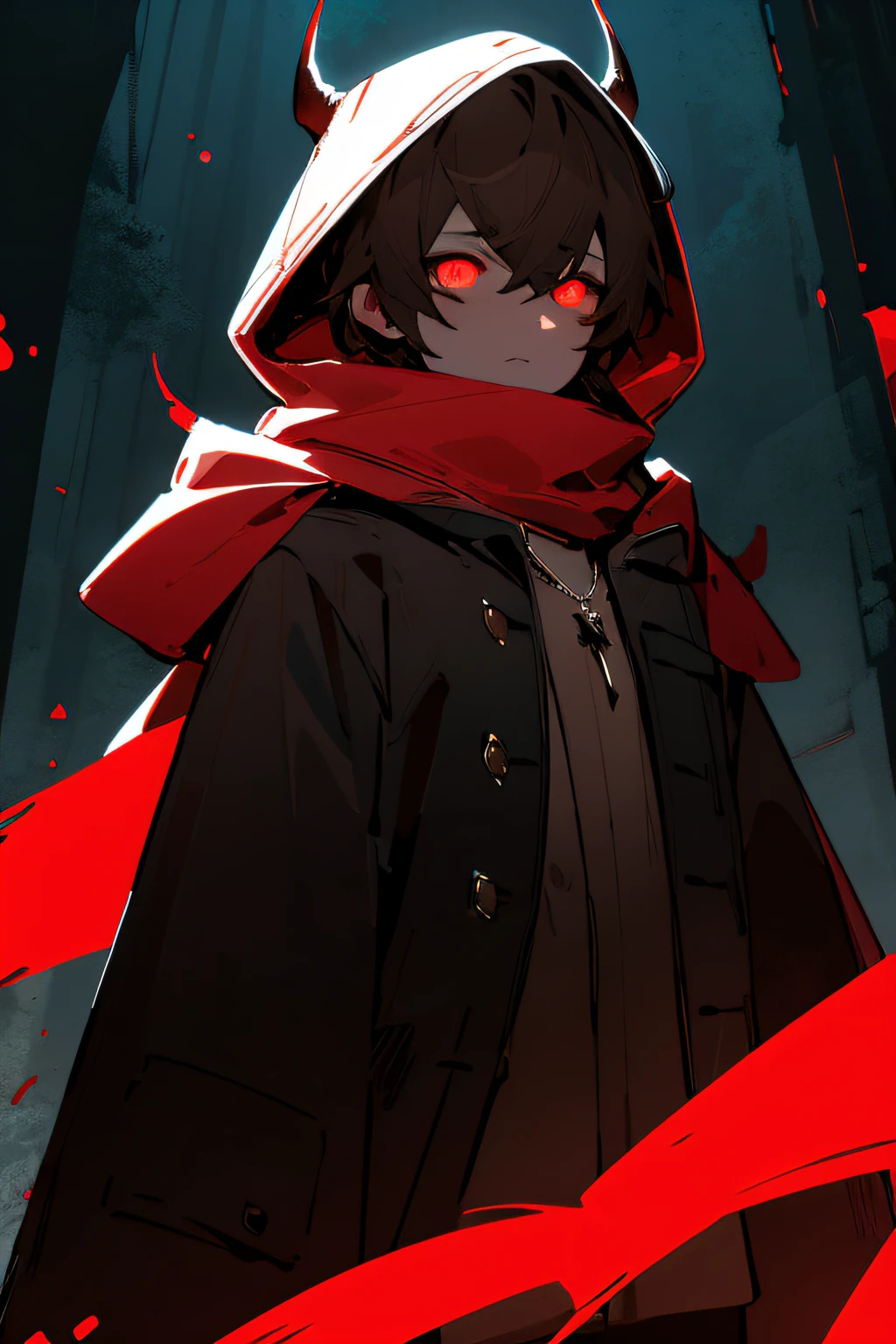 nijistyle, cowboy shot of demon hunter, hood up, faceless,  glowing red eyes, torn brown coat, pauldrons, black vest, red scarf, bandages, pendant, fantasy, night, dark atmosphere