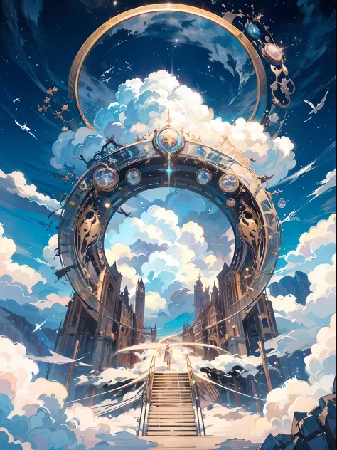 a painting of a stairway leading to a large building in the sky, magic portal in the sky, heavens gate, heaven gate, anime art n...