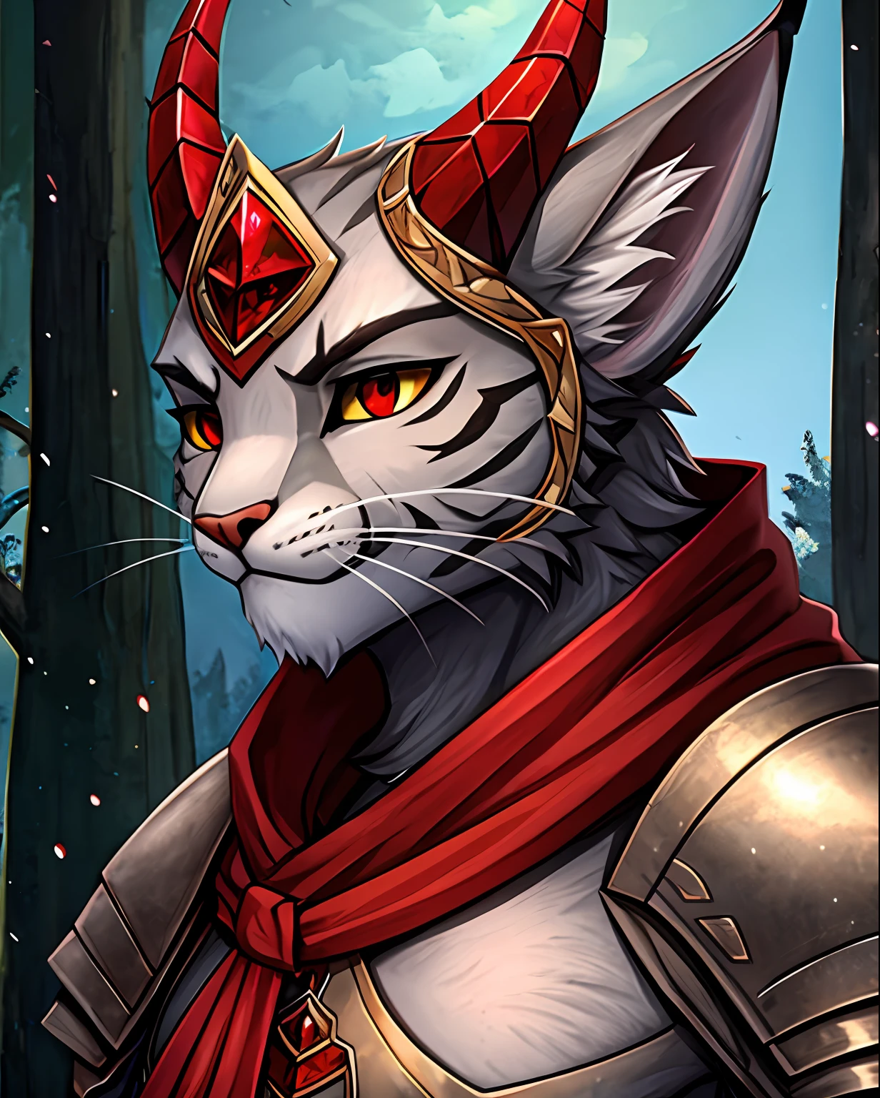 Khajiit, white-gray fur, white-grey triceratop-like crest and horns with rubies, silver and red ruby armor, masterpiece, best quality