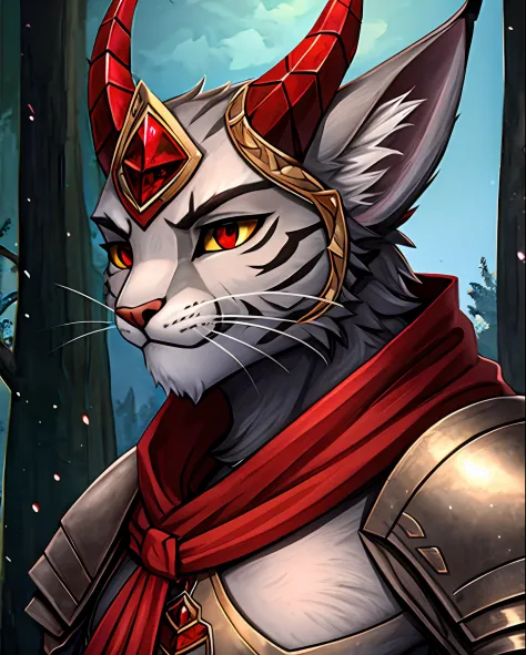 khajiit, white-gray fur, white-grey triceratop-like crest and horns with rubies, silver and red ruby armor, masterpiece, best qu...