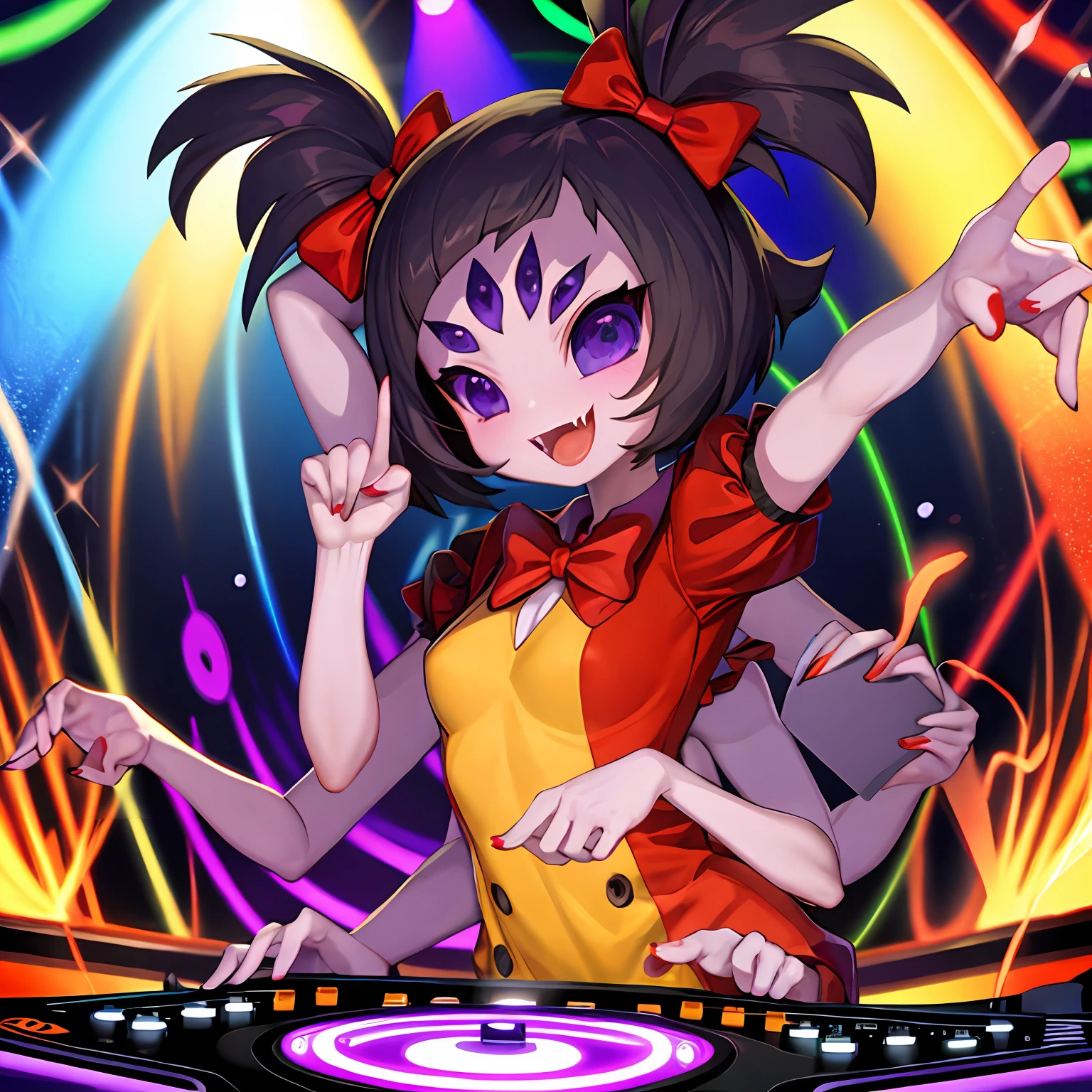 A solo shot featuring muffetwear
muffet  a DJ, showcasing her skills on the turntables at a vibrant rave.