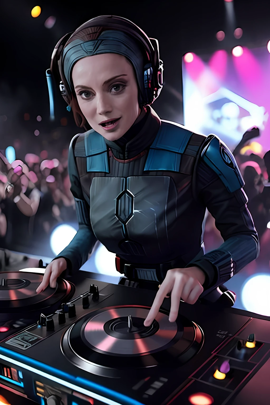 A solo shot featuring bokatan a DJ, showcasing her skills on the turntables at a vibrant rave.