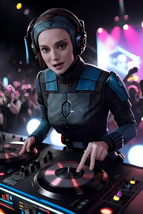 a solo shot featuring bokatan a dj, showcasing her skills on the turntables at a vibrant rave.