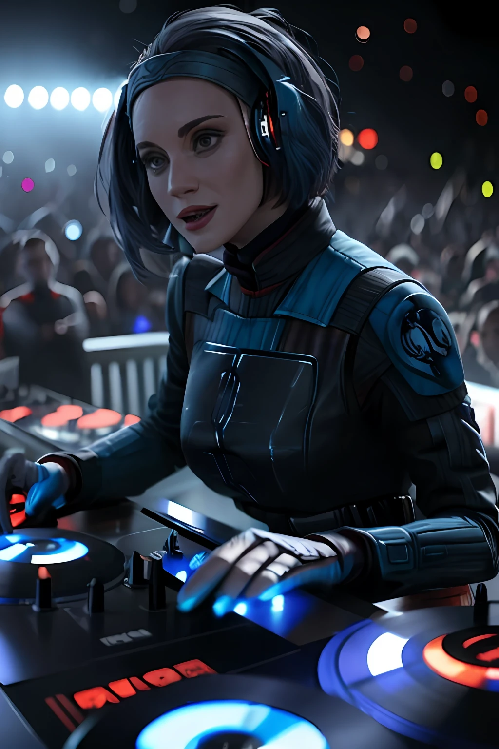 A solo shot featuring bokatan a DJ, showcasing her skills on the turntables at a vibrant rave.