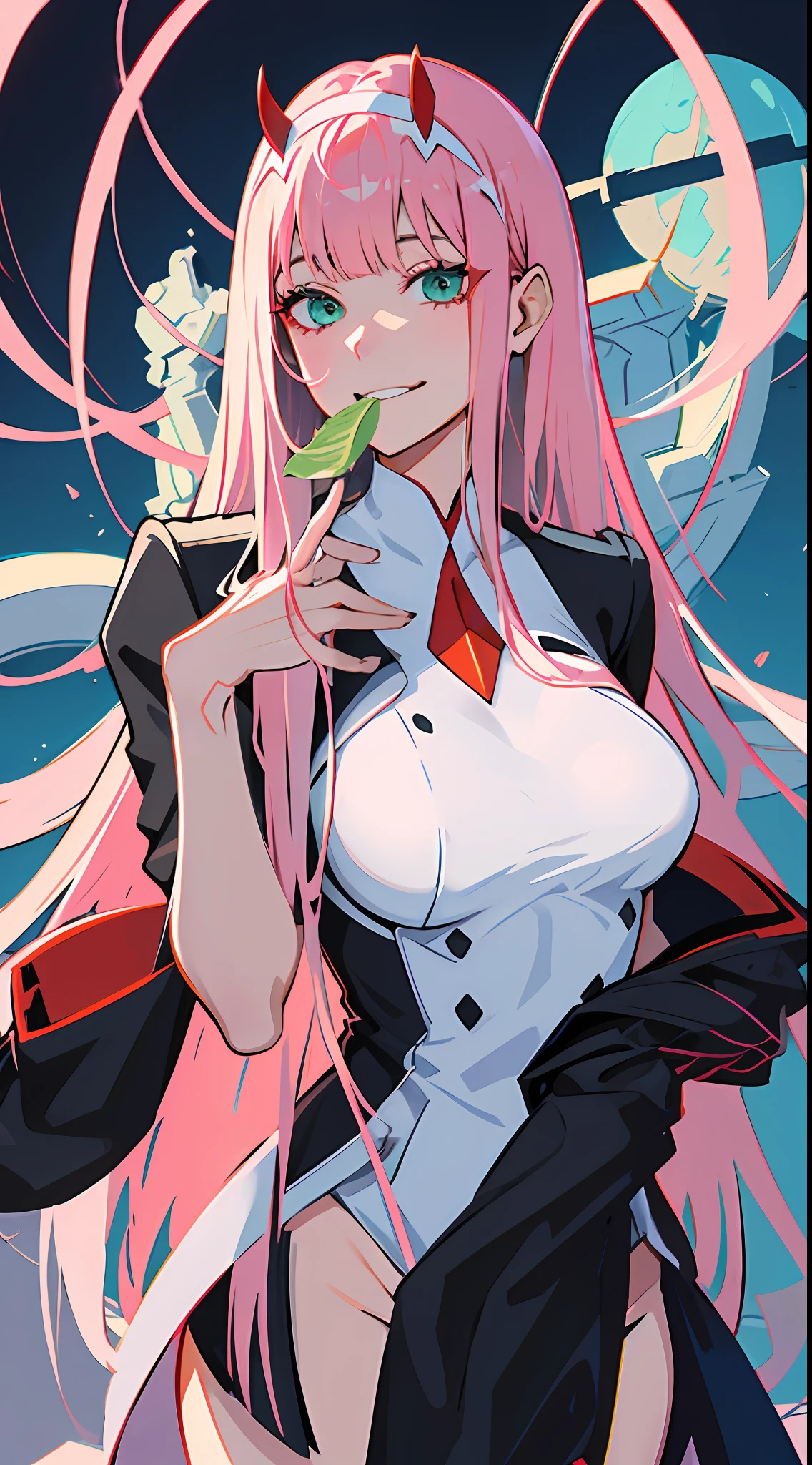 zéro deux \(chérie en franxx\), chérie en franxx, 1femme, souriant, Séance, frange, mordant, ombre, yeux verts, cheveux derrière la tête, cornes, cheveux longs, se maquiller, Petits seins, Body blanc, grosses cuisses, cheveux roses, red eyeombre, contexte détaillé, lit, litroom