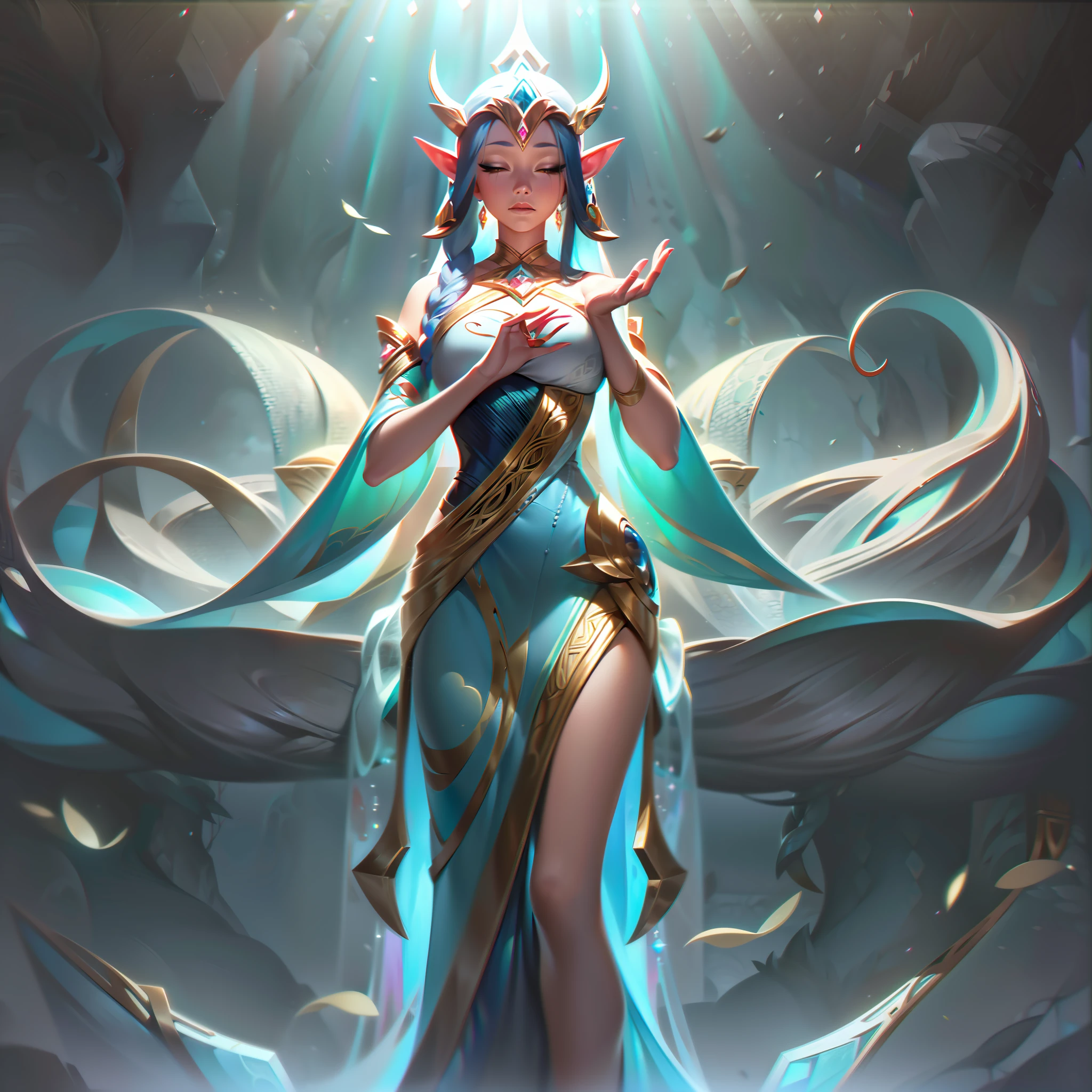 ((meilleure qualité)), ((premier travail)), (détaillé: 1.4), ....3D, Dans le splash art du skin de base, Ekyzia, Le dévot d&#39;Aelrindel, est représentée dans toute sa splendeur éthérée. Ses traits elfiques respirent la tranquillité, encadré par des cheveux argentés en cascade au clair de lune qui semblent couler avec la douce brise. Ses yeux en amande émettent une lueur sereine, reflétant la sagesse de la forêt ancienne. Elle porte une élégante, robe fluide ornée de motifs complexes sur le thème de la nature, se fondant parfaitement avec le fond verdoyant et luxuriant de Verdano. Des runes elfiques et des symboles célestes dansent sur sa tenue, faisant allusion à sa connexion mystique avec Aelrindel. Enroulés autour de ses bras fins, ils sont délicats, bandes en forme de vigne, chacun orné de cristaux rayonnants qui scintillent d&#39;une lumière enchanteresse. Sur ses doigts fins, les anneaux lumineux symbolisent le lien céleste qu&#39;elle partage avec les gardiens des étoiles. Ekyzia se tient dans une pose posée et gracieuse, ses mains doucement en coupe, comme pour convoquer l&#39;essence même de la nature elle-même. Son environnement semble réagir à sa présence; les feuilles flottent doucement dans les airs, les pétales tombent en cascade de fleurs invisibles, et même la lune au-dessus illumine la scène sereine avec une douce, Lueur argentée. au loin, majestueuse tour d&#39;arbres centenaires, servant de témoignage du lien intemporel entre Ekyzia et le royaume qu&#39;elle chérit. L&#39;art de base de la peau capture Ekyzia dans sa forme la plus pure., incarnant son rôle de prêtresse dévouée et gardienne de la forêt sacrée, invitant les spectateurs à s&#39;immerger,HDR (Plage dynamique élevée),Tracé laser,NVIDIA RTX,Super-résolution,Irréel 5,Diffusion souterraine, Texture PBR, Post-traitement, Filtrage anisotrope, Profondeur de champ, Clarté et netteté maximales, textures multicouches, Cartes albédo et spéculaire, Ombrage des surfaces, Simulation précise de l&#39;interaction lumière-matériau, parfaitement proportionné, rendu octan, Éclairage bicolore,Large ouverture,ISO faible,Balance des blancs,règle des tiers,8K BRUT,