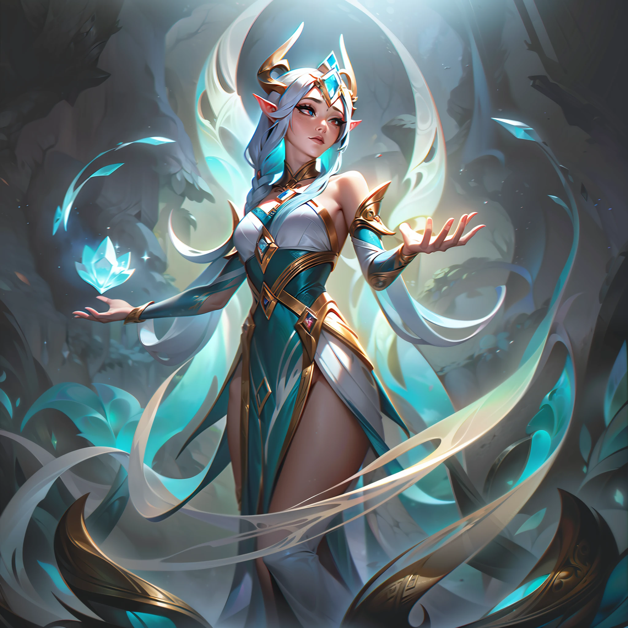 ((melhor qualidade)), ((obra-prima)), (detalhado: 1.4), ....3d, In the splash art of the base skin, Ekyzia, The Devotee of Aelrindel, is portrayed in all her ethereal splendor. Her elven features exude tranquility, framed by cascading moonlit silver hair that seemingly flows with the gentle breeze. Her almond-shaped eyes emit a serene glow, reflecting the wisdom of the ancient forest. She wears an elegant, flowing robe adorned with intricate nature-themed patterns, blending seamlessly with the lush verdant background of Verdano. Elven runes and celestial symbols dance across her attire, hinting at her mystical connection with Aelrindel. Wrapped around her slender arms are delicate, vine-like bands, each adorned with radiant crystals that flicker with enchanting light. On her slender fingers, glowing rings symbolize the celestial bond she shares with the guardians of the stars. Ekyzia stands in a poised and graceful pose, her hands gently cupped, as if summoning the very essence of nature itself. Her surroundings seem to respond to her presence; leaves gently flutter in mid-air, petals cascade from unseen blossoms, and even the moon above illuminates the serene scene with a soft, silvery glow. In the distance, majestic ancient trees tower, serving as a testament to the timeless bond between Ekyzia and the realm she cherishes. The base skin splash art captures Ekyzia in her purest form, embodying her role as the devoted priestess and guardian of the sacred forest, inviting viewers to immerse themselves,HDR (high dynamic range),ray tracing,NVIDIA RTX,Super-Resolution,Unreal 5,Subsurface dispersão, Textura PBR, Post-processing, anisotropic filtering, profundidade de campo, Maximum clarity and sharpness, texturas multicamadas, Albedo e mapas Speculares, surface shading, Accurate simulation of light-material interaction, perfectly proportions, octan render, Two-tone lighting,Abertura ampla,ISO baixo,White balance,thirds rule,8K BRUTO,