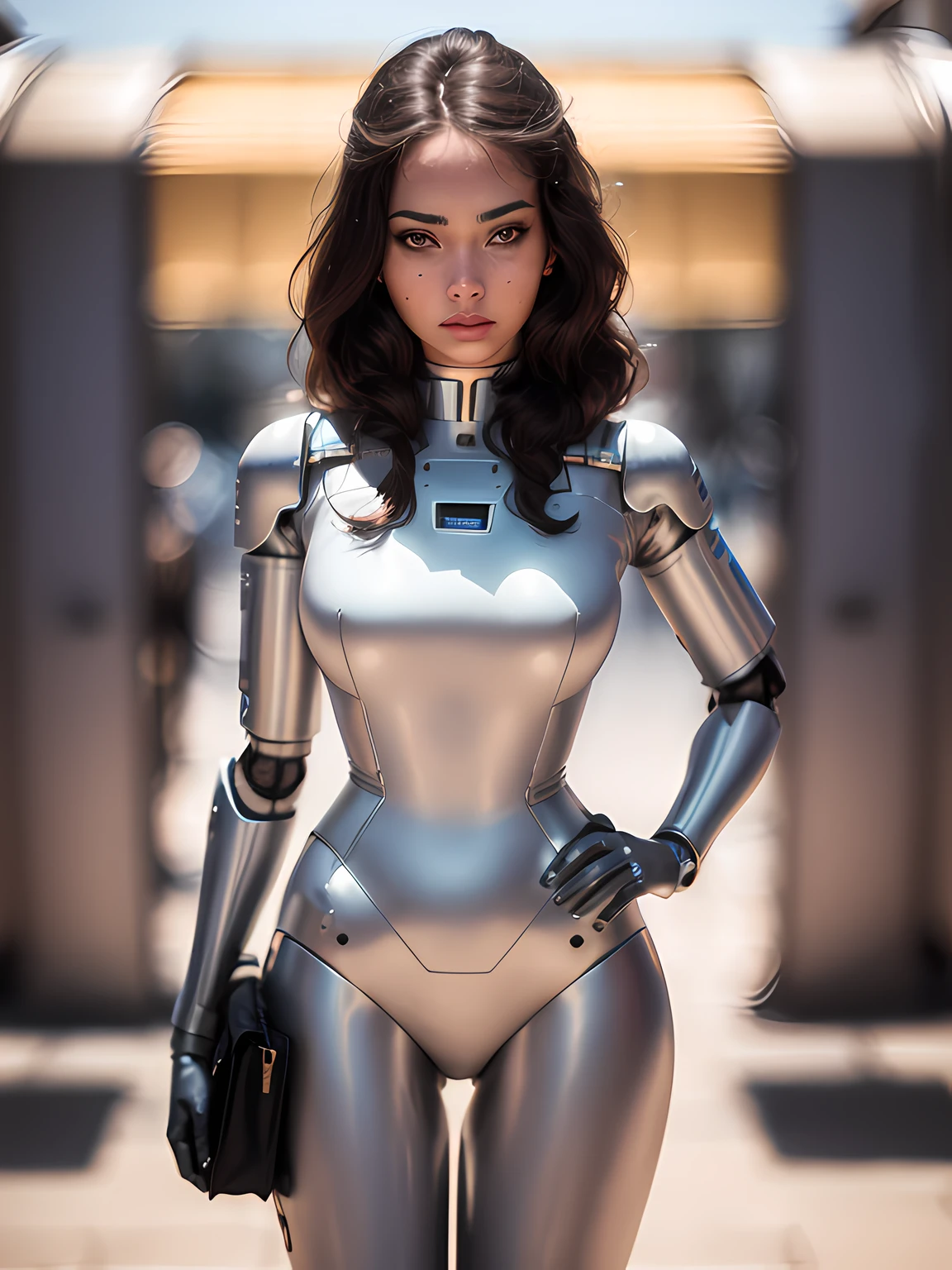 schöne Frau, (((inspiriert von "Stacy Martins")), aus dem Filmarchiv (2020), ((mit Kostüm eines Prototyps eines weiblichen Roboters)), ((Frontales Selbstporträt)), 8k UHD, DSLR, Körnung des Films, fotorealistisches Gemälde Fujifilm XT3 Kunst mitten auf der Reise,