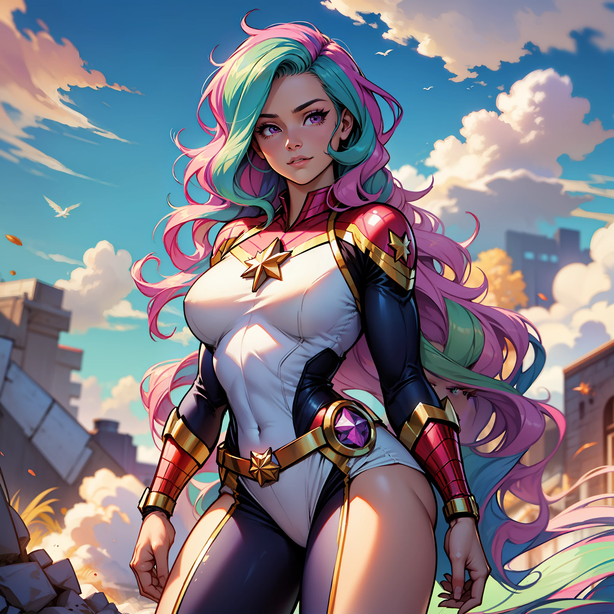 Princess celestia, Huge-breasts, Lush breasts, Elastic breasts, hairlong, Luxurious hairstyle, In the costume of Captain Marvel, in the sky, superhero, in full height, Evil Look, Magic, Flight beam, beste-Qualit, Very detailed, 8K quality, in full height