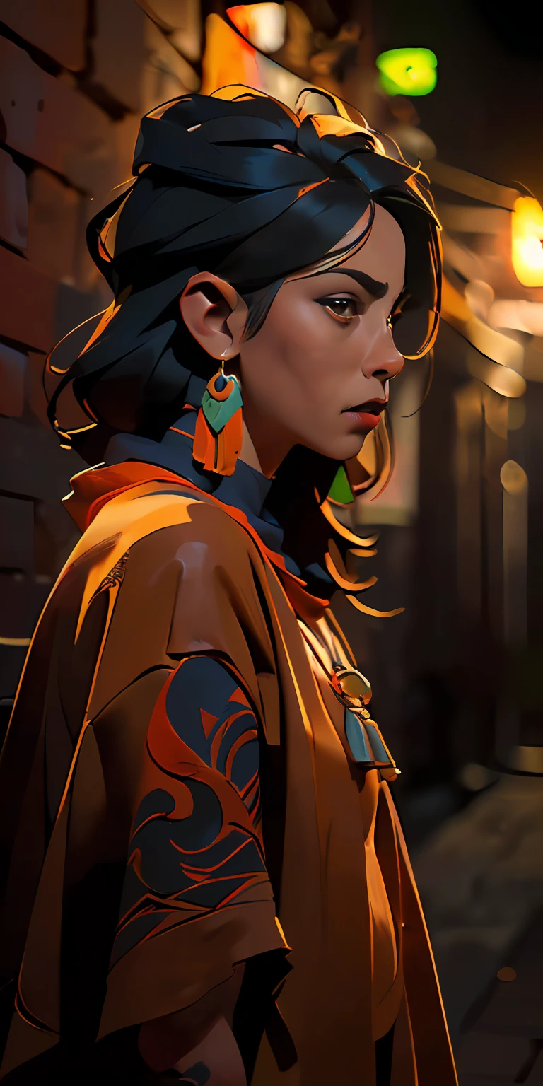 (Character: one mexican woman, mystic, brown skin, medium messy hair) 
(Clothing: orange inca poncho, inca pants, amulets, inca tattoos)
(Background: dark alley at night:1.3, intense urban lights in background) 
(Style: ((masterpiece:1.5)), (face detailed), photo-realistic:1.3, hyperrealistic, film grain, realistic lighting, backlighting:1.3)