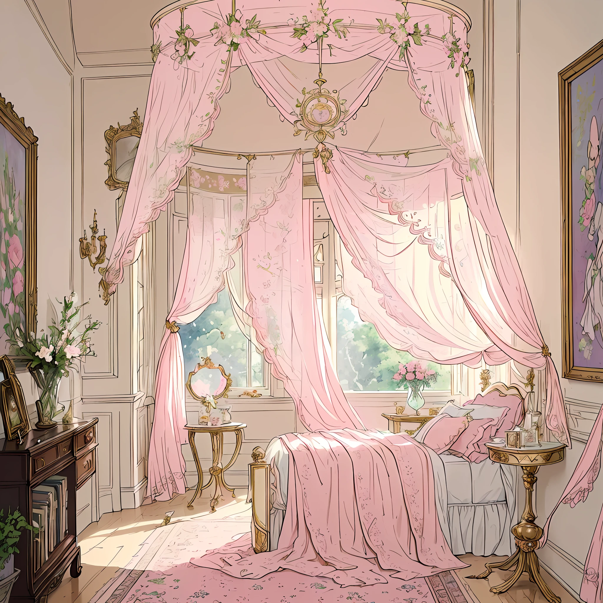 夢のような魅惑的な女性らしい寝室, オーナーのユニークな個性と好みを反映した複雑で楽しいディテールの配列で飾られています. 部屋は柔らかなパステルカラーで溢れています, 壁は優しい赤みを帯びたピンクで塗られています, 温かく居心地の良い雰囲気を醸し出しています.

部屋の焦点は、流れるような薄手のカーテンを備えた豪華な天蓋付きベッドです, おとぎ話の王女の住居を彷彿とさせる. ベッドカバーは、繊細な花柄で飾られた豪華なキルトです, 寝室に自然の美しさを加える.

魅力的なヴィンテージの洗面化粧台が窓の近くに立っています, 繊細なバラで縁取られた華やかな鏡をトッピング. 洗面化粧台はアンティークの香水瓶で飾られています, 可憐な化粧ブラシ, そして最愛の装身具のコレクション, ヴィンテージとセンチメンタルなものすべてに対するオーナーの愛情を反映しています.

柔らかな妖精の光が部屋全体に張られています, 暖かい, レースのカーテンを通してフィルタリングされる自然光を引き立てる魔法の輝き. 柔らかな照明がお部屋の様々な装飾の美しさを引き立てます, 居心地の良い快適な雰囲気を作り出す.

居心地の良い読書コーナーが隅にあります, 豪華なアームチェアと、愛する小説やおとぎ話でいっぱいの小さな本棚を完備. 壁は額入りのアートプリントと繊細な壁掛けで飾られています, 芸術と創造性に対する所有者の感謝を示す.

複雑な模様のエレガントなエリアラグが床を飾ります, 部屋に快適さとスタイルの層を追加します. ラグの柔らかな質感は、素足で豪華な抱擁に沈むように誘います.

繊細な鉢植えの植物や新鮮な花が部屋の周りに戦略的に配置されています, 空気に自然を吹き込む, 爽やかな香りと静寂な空間に活力を加える.

部屋の全体的な雰囲気は優雅さを醸し出しています, 優雅, と魅力, オーナーが後退し、独自のスタイルを受け入れることができる快適さと美しさの天国.

アートワーク, デジタルイラストレーション, ソフトでパステルカラーにこだわって