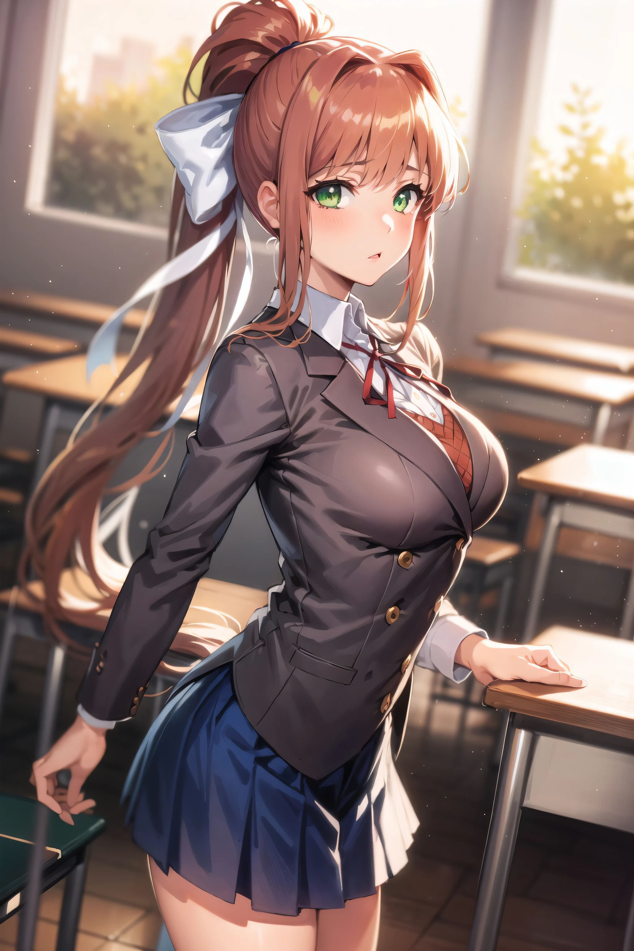 masterpiece, best quality, anime, highly detailed, 1girl, solo, , standing, classroom, monika, green eyes, brown hair, very long hair, ponytail, hair ribbon, white ribbon,