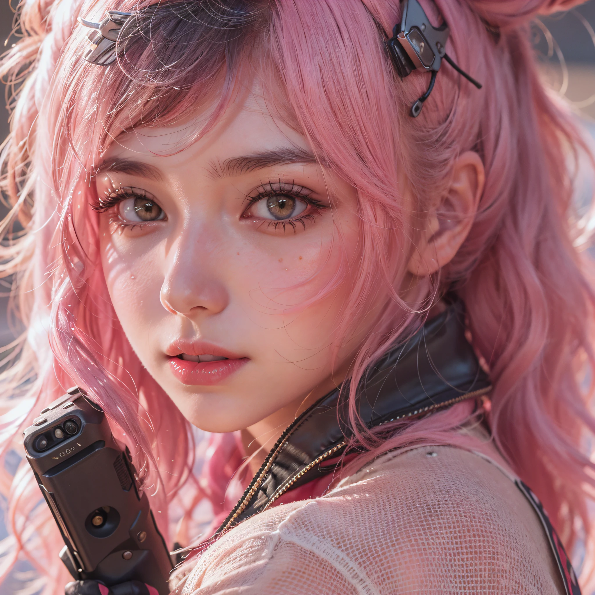 ulzzang-6500-v1.1,(raw photo:1.2),((photorealistic:1.4)),best quality ,masterpiece, illustration, an extremely delicate and beautiful, extremely detailed ,CG ,unity ,8k wallpaper, Amazing, finely detail, official art,extremely detailed CG unity 8k wallpaper,absurdres, incredibly absurdres, huge filesize, ultra-detailed, highres, beautiful detailed girl, extremely detailed eyes and face, beautiful detailed eyes,light on face,cinematic lighting,((extremely pink tight suit clothing)),1girl,full body,full-body shot,looking at viewer,((light pink hair)), red eyes,((bliss)), best detailed background, ((cosplay)), (smile), twintails, ((hold a rifle)),