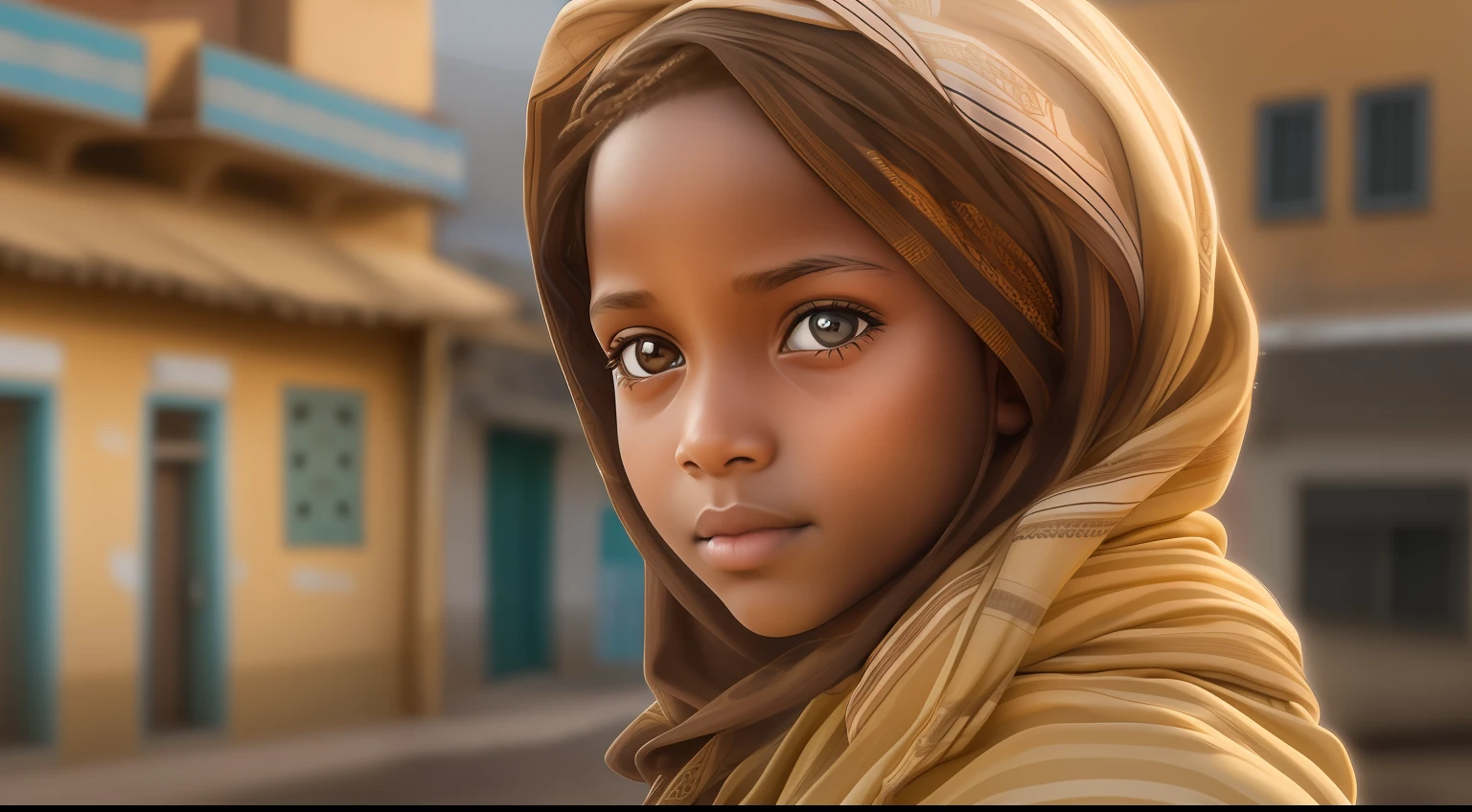 "Generate a hyper-realistic image of a 10-year-old girl from Mauritania with authentic Mauritanian features hair, skin colour, eyes, real, set against a realistic city background, showcasing the best quality and intricate details."
