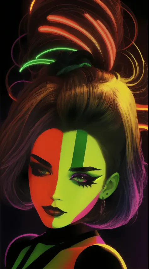 a beautiful woman (1 woman :1.1),wearing neon makeup, in the style of striped compositions, volumetric lighting, bright color bl...