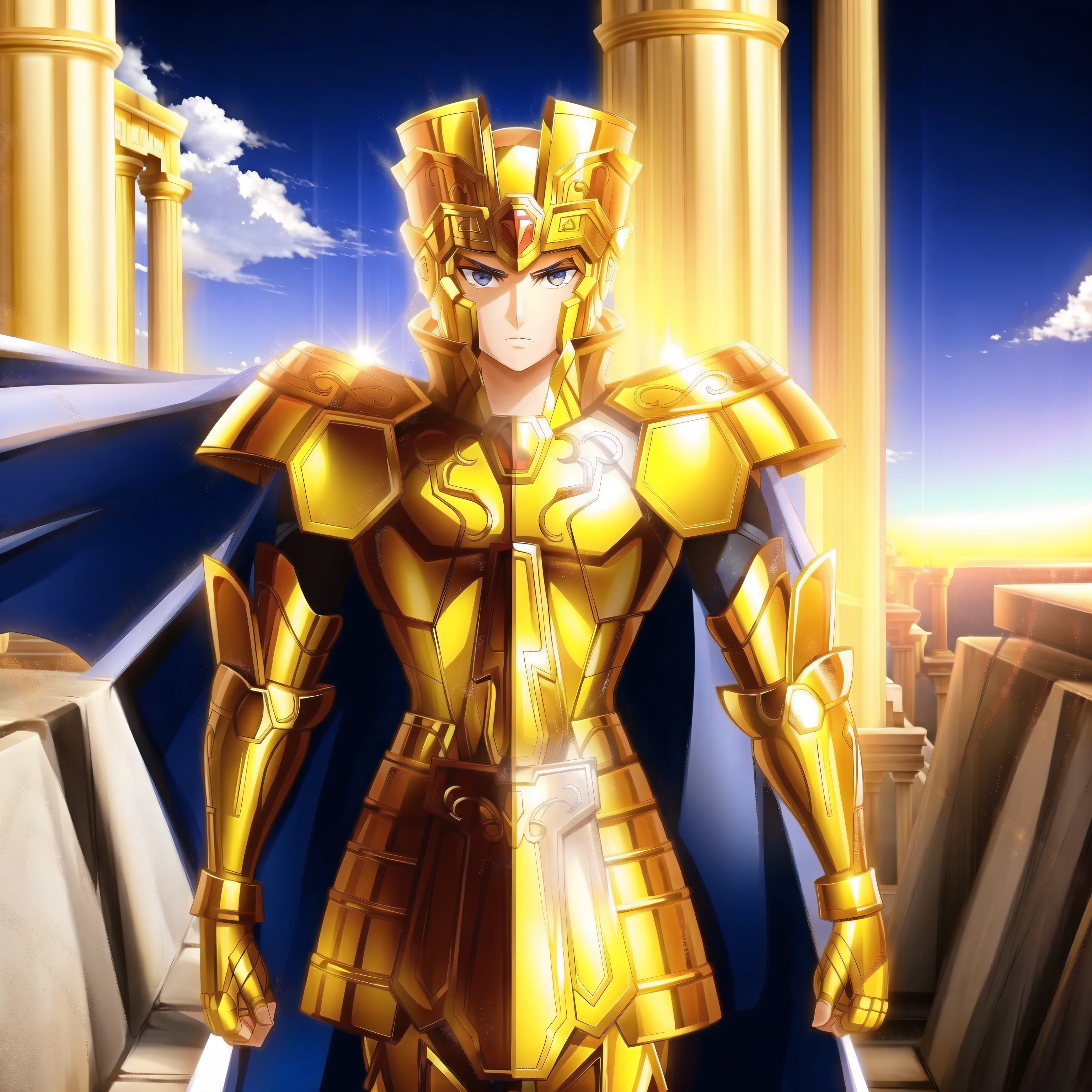 Zwillingsmutter, gold Rüstung, Henry Cavil als 1boy, Rüstung, dramatischer Himmel, Betrachter betrachten, Rüstung, geschlossener Mund, Oberkörper, ernst, Helm, auf der griechischen Tempelbrücke, Anime-Serie, Ganzkörper. auf den Betrachter zugehend, Stiefel