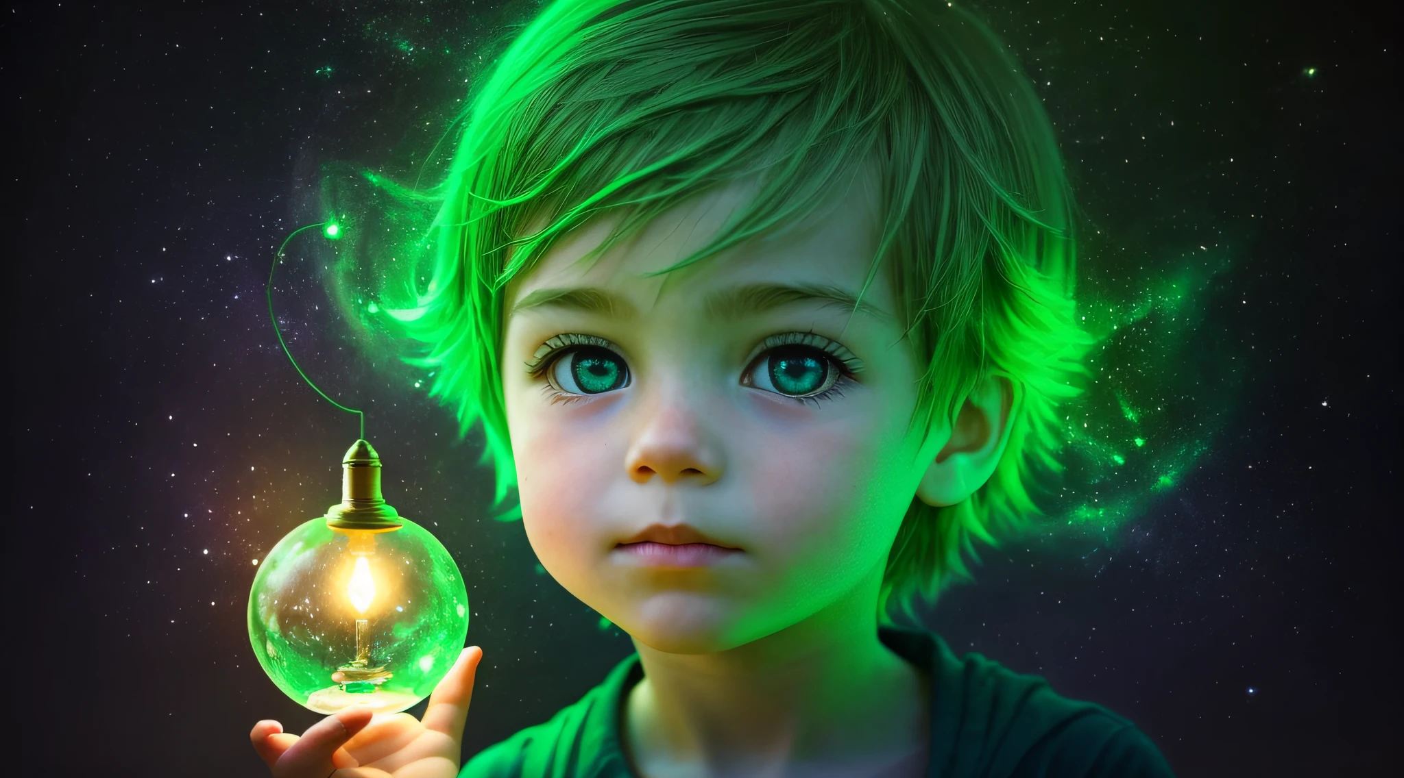 There is a boy holding a lamp in his hand, retrato, verde brilhante, brilho verde, green lighting, brilho verde, photo manipulation, Magia Verde, he is casting a lighting spell, luz verde, energia verde, neon verde, Aura verde, little girl with magical powers, amazing color photograph, Luz ambiente verde, brilho radioativo verde, photo - manipulation, amazing photo