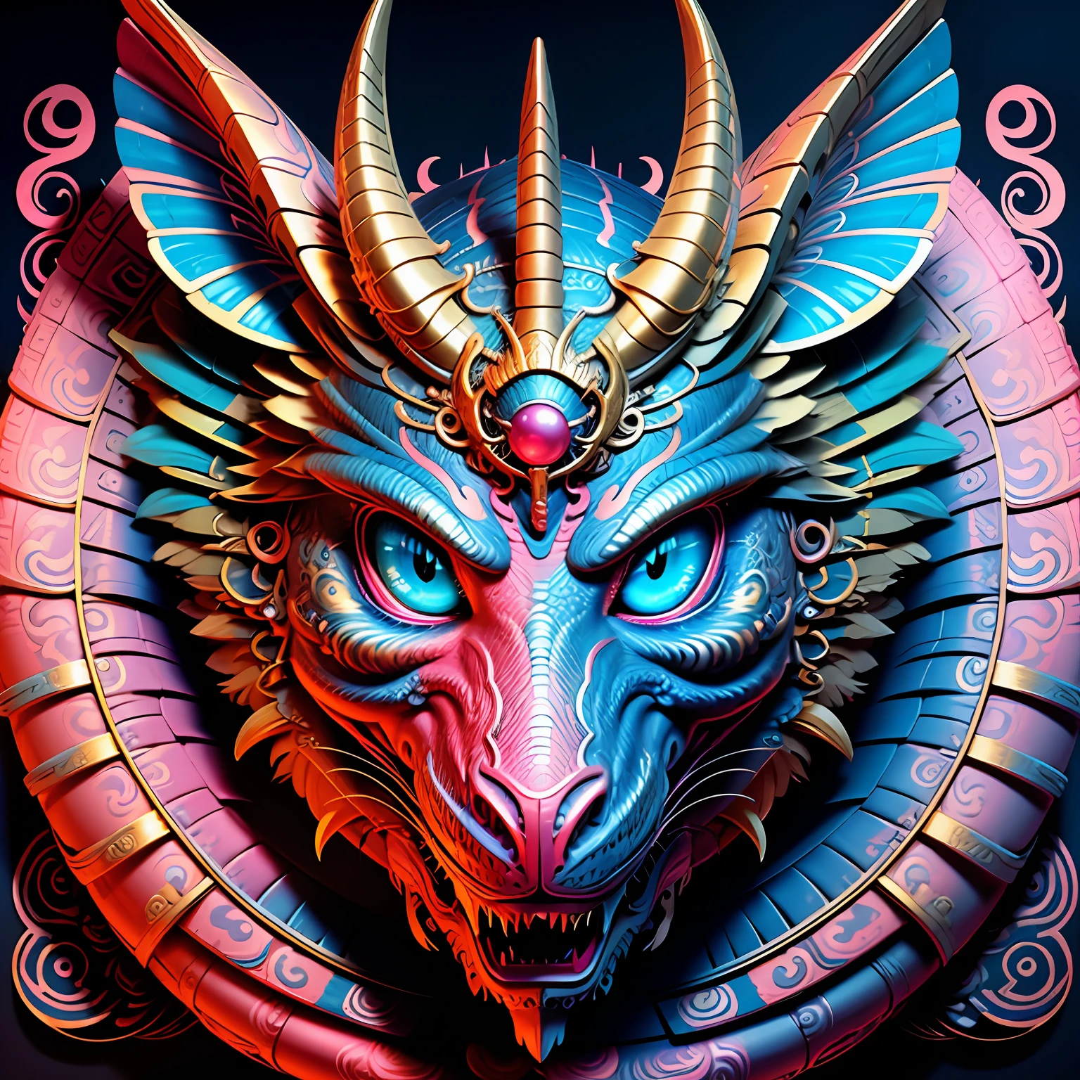 A w44p3n of a blue and gold and pink dragon with blue eyes in front of a black background