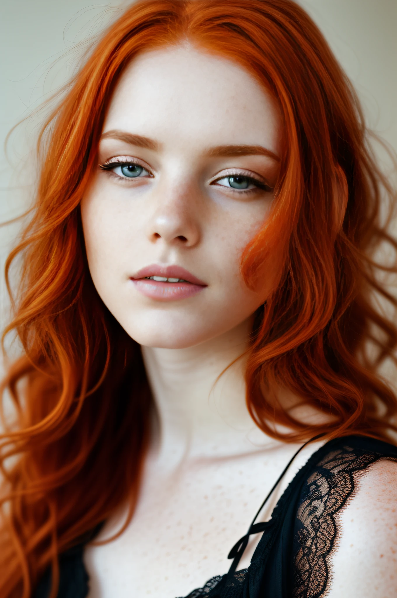 beautiful redheaded woman, freckles, slightly tilted head, dark makeup, hyper-detailed photography, soft light, head and shoulder portrait, cover, sharp focus