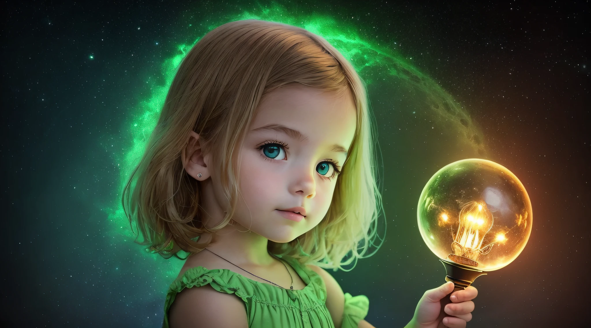 There's a  KIDS BLONDIE holding a lamp in her hand, verde brilhante, brilho verde, green lighting, brilho verde, photo manipulation, Magia Verde, he is casting a lighting spell, luz verde, energia verde, neon verde, Aura verde,  with magical powers, amazing color photograph, Luz ambiente verde, brilho radioativo verde, photo - manipulation, amazing photo