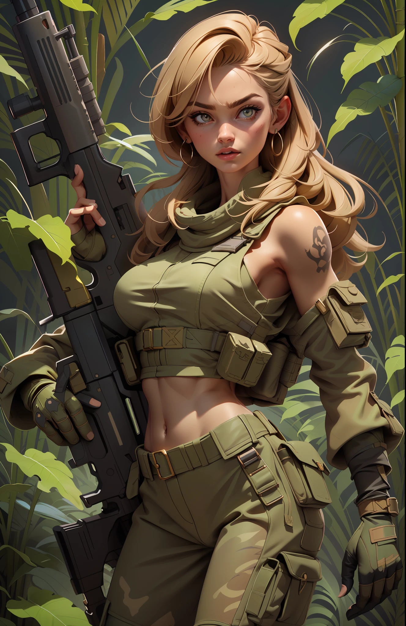 Gorgeous and fearless female soldier, fit body, military croptop, bare shoulders, dark blond hair, tattoo arm, holding big gun, running in jungle, full detail face,  killing eyes, high detail, realistic, photo quality, high quality,  (photorealistic:1.4), highly detailed, masterpiece, High-quality shadow,