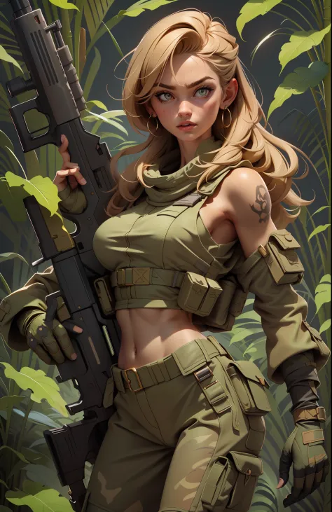 Gorgeous and fearless female soldier, fit body, military croptop, bare shoulders, dark blond hair, tattoo arm, holding big gun, ...