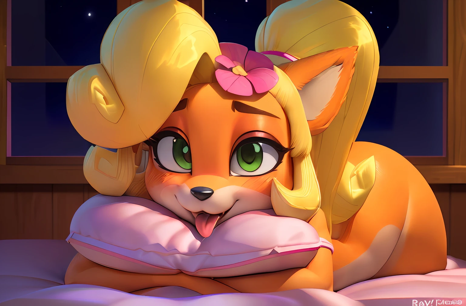 [Coco bandicoot], [Uploaded to e621.net; (Pixelsketcher), (wamudraws)], ((masterpiece)), ((solo portrait)), ((1girl)), ((full body)), ((raw photo)), ((front view)), ((furry; anthro)), ((detailed fur)), ((raytracing)), ((detailed shading)), ((beautiful 3D art)), {anthro; (orange fur, black nose), (short eyelashes, blonde hair, curly ponytail, (half-closed cute green eyes), (blushing), (pink bra), (pink thong)), (pink flower in hair), beautiful legs, (sexy ass), (tongue out)}, {(laying on bed, (ahegao), (legs open), (head on pillow)}, [background; (bedroom; (wood-frame window), nighttime, starry sky, full moon, dark lighting)]