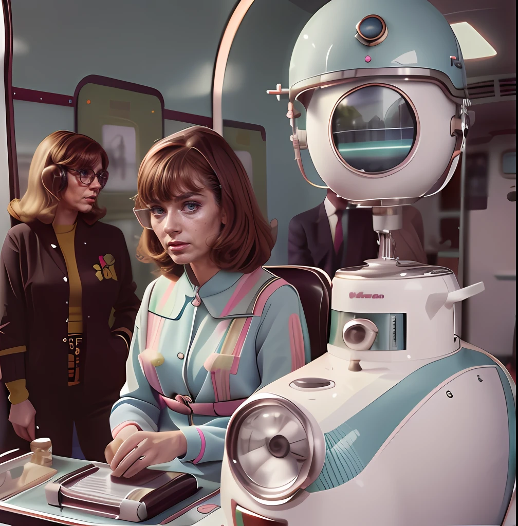 4k image from a 1960s science fiction film by Wes Anderson, Filme O Grande Hotel Budapeste, pastels colors, Young people wearing retrofuturistic alien masks and holding colorful suitcases and chests on the bus, Retro-futuristic fashion clothes from the 60s with old robots, Luz Natural, Psicodelia, futurista estranho, retro-futurista, photo-realistic, Sharp background details.