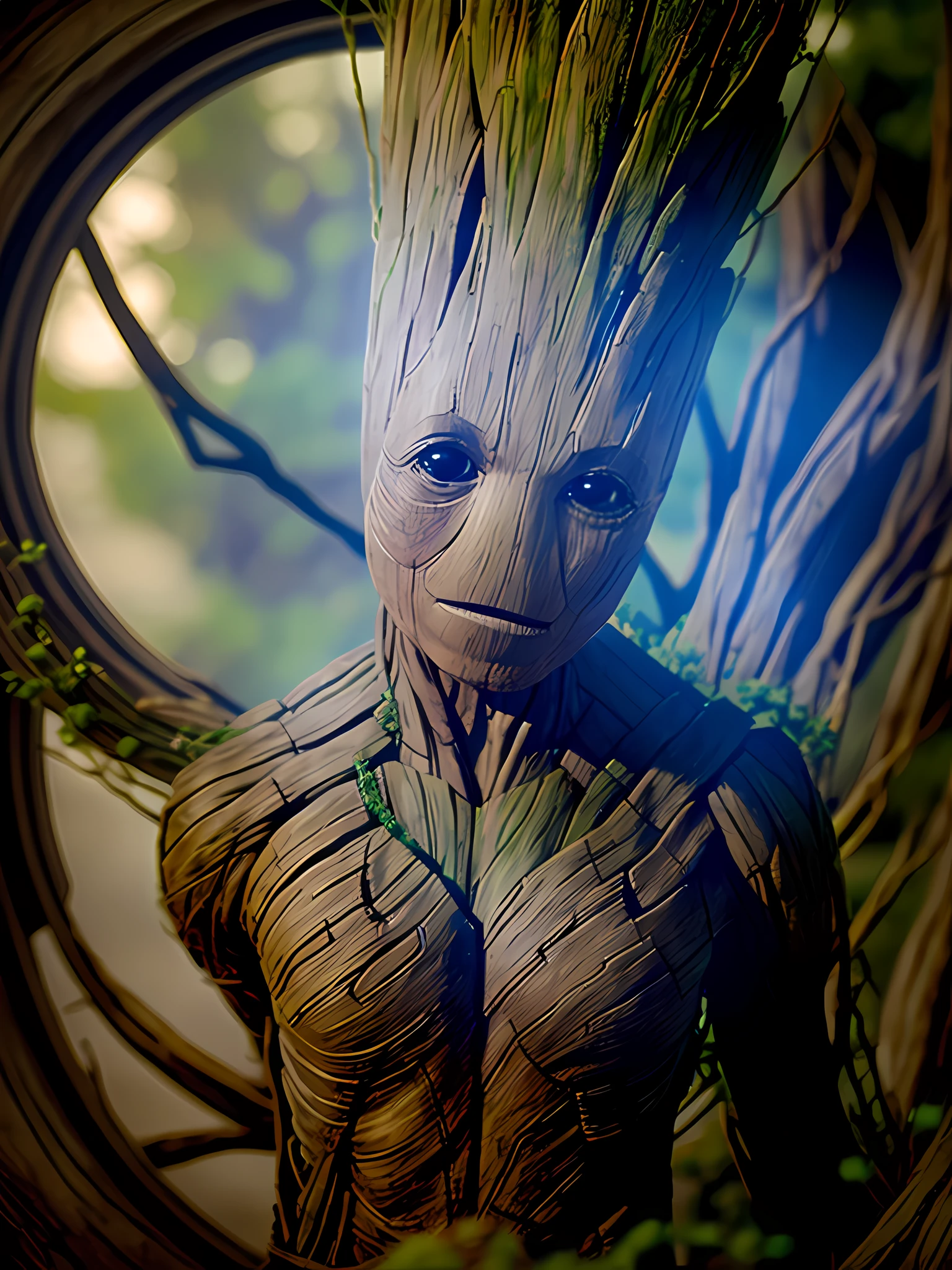 ((Groot es un personaje ficticio de Marvel Comics.. )), auto retrato hiper-realista, 8k hd, DSLR, grano de película, fotorrealista, Fujifilm XT3, Arte MidJourney,  ((autorretrato frontal))