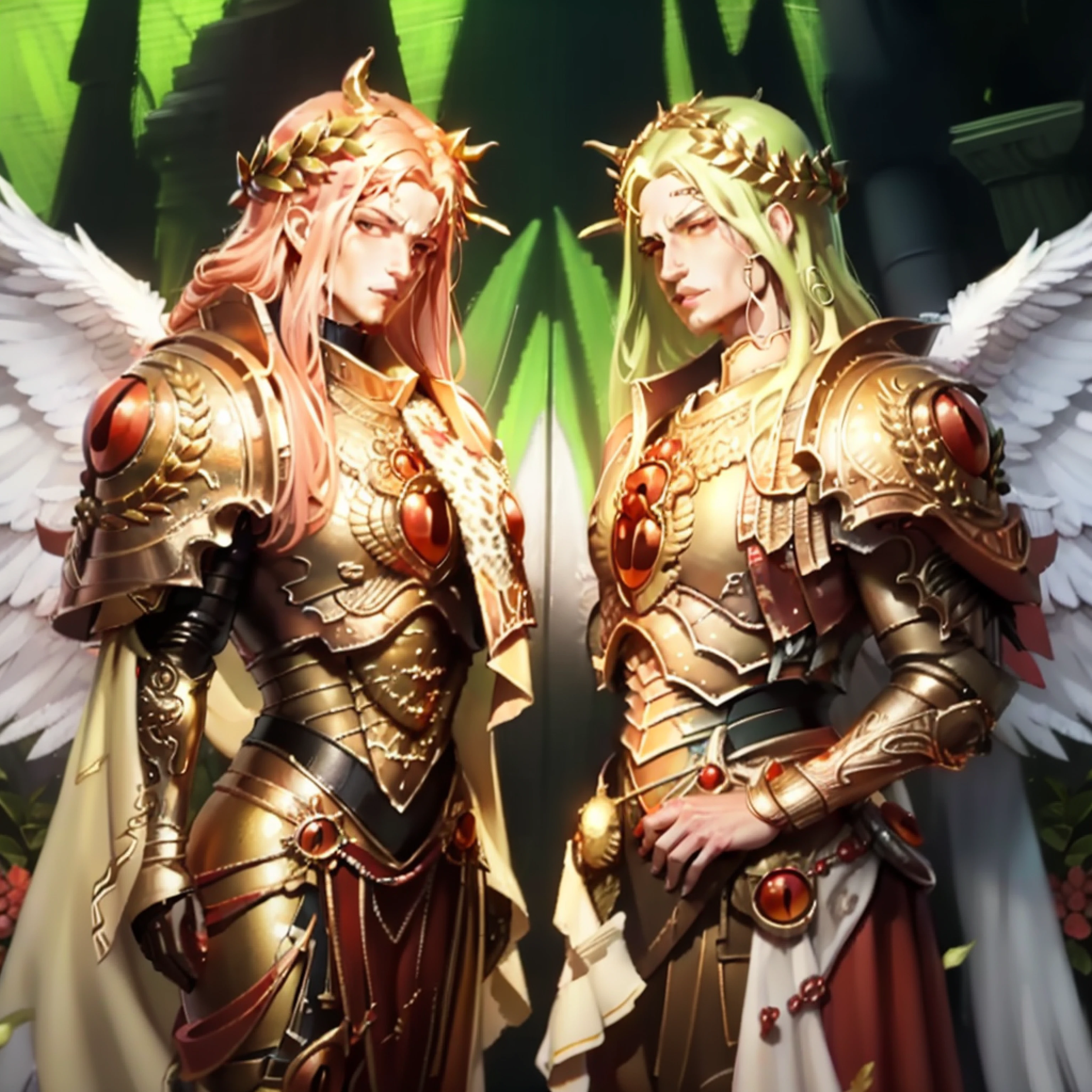 "Create 2 cherubim with details of the armor of the two male angels who were assigned to guard the Garden of Eden, according to the biblical narrative.”anime