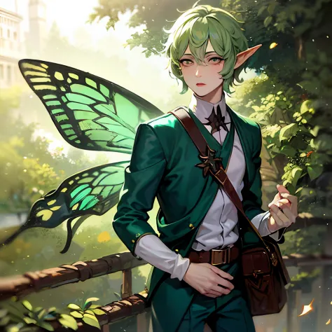 um close up de uma pessoa com um uniforme de carteiro e asas de borboleta, um elfo macho, elfo masculino bonito, Um retrato de u...