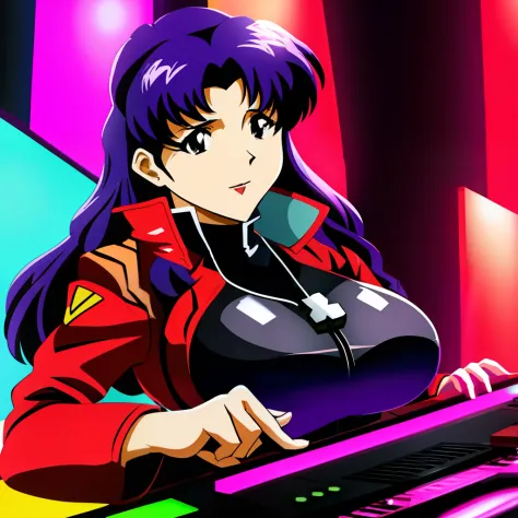 A solo shot featuring Katsuragi_Misato, big_breasts,  cross_necklace a DJ, showcasing her skills on the turntables at a vibrant ...