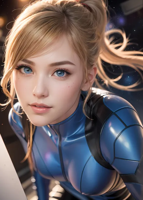 samus aran, ponytail, hair tie, blue gloves, blue bodysuit, high heels (masterpiece, best quality:1.4), (modern days), blue eyes, 1girl, solo, pov, sfw, stunning girlfriend, (space background), (ass focus:1.2), spread legs, heart shaped face, elegant face,...