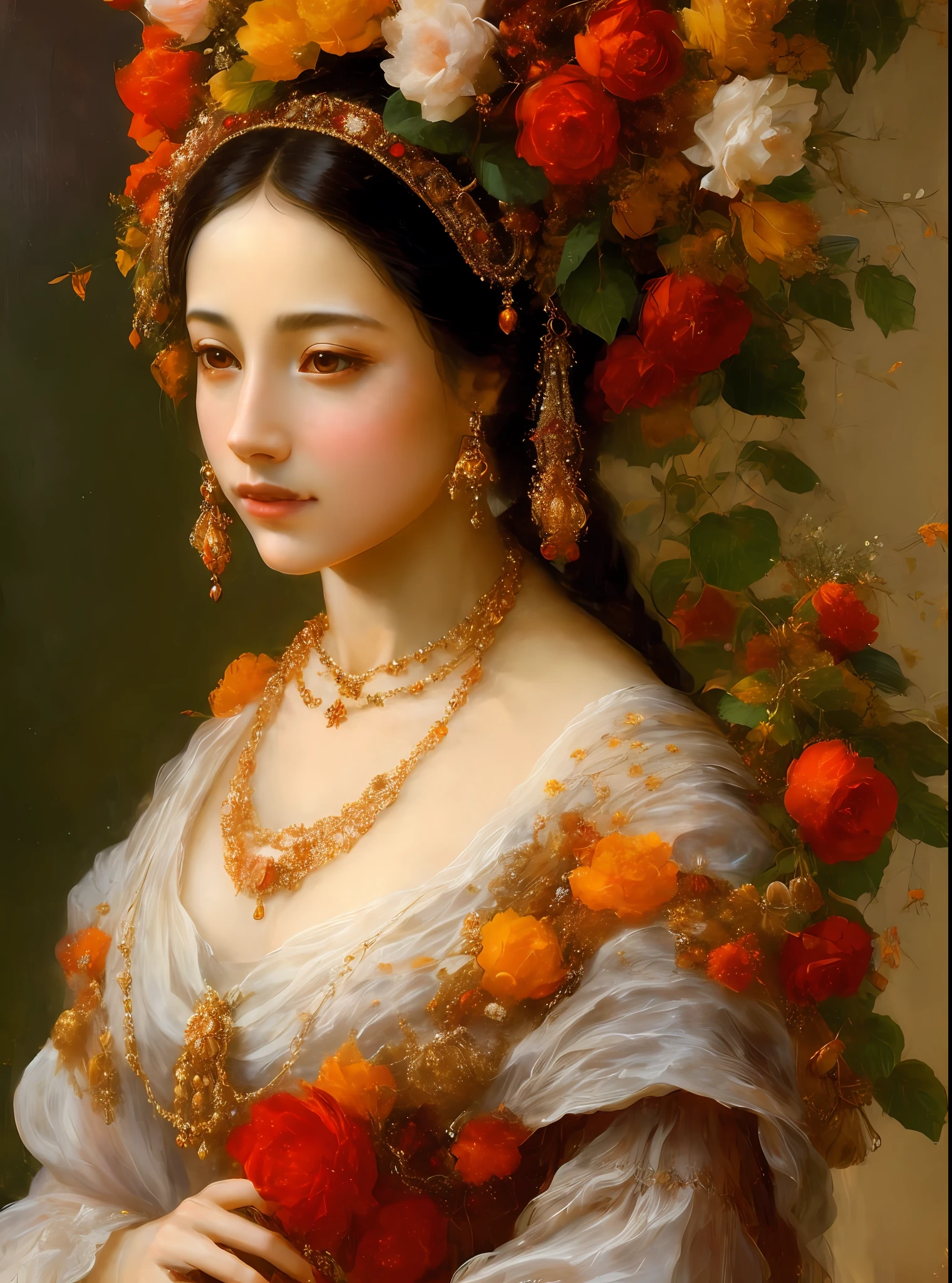 Woman with flowers on her head carrying a necklace, in the style of ethereal biomorphism, Realistic small details, red and amber, Serene faces, Blink and skip the part, Elaborate, Large-scale paintings