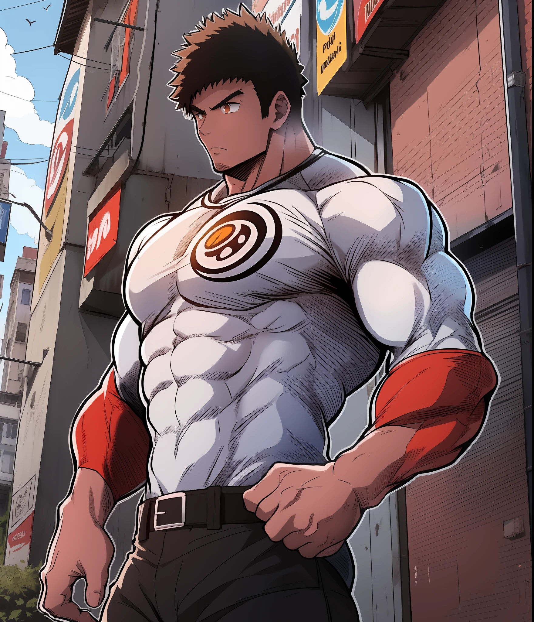 style artistique animé, image du corps entier, l&#39;angle de l&#39;image doit être frontal et complet du corps (((front.))) Caractère extrêmement musclé et grand, avec un corps de bodybuilder, Le personnage a les cheveux très courts avec une frange de couleur marron foncé, il a les yeux orange, il porte un t-shirt rouge à manches longues, il porte une ceinture et un pantalon noir. , et portant une sneaker blanche Le personnage doit être dans une ville pleine de bâtiments autour de lui, Le personnage est fort et déterminé,et beaucoup de masse musculaire!!!!!